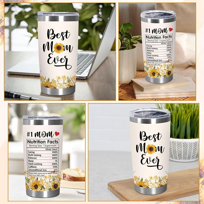 TEEZWONDER Mothers Day Gifts for Mom from Daughter Son - #1 Nutrition Facts Sunflower Stainless Steel Insulated Coffee Tumbler with Lid 20 oz - Birthday Gifts for Mama Grandma Women - Image 5