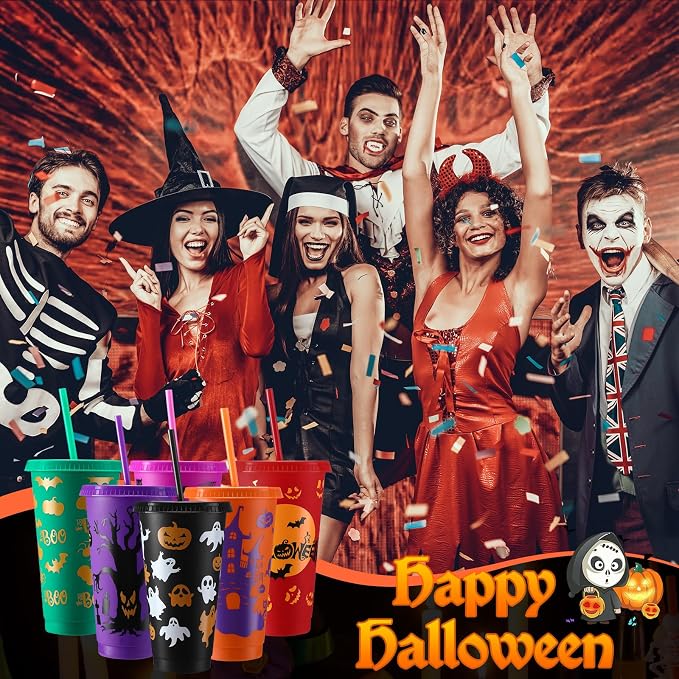 Honeydak 40 Pcs 24oz Halloween Tumblers Bulk Halloween Plastic Cups with Lids Reusable Water Bottle Iced Coffee Travel Mug Cup for Party Holiday Birthdays Goodie Bags Supplies - Image 5