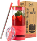 Pandaloo® Glass Cups With Lids and Straws -20 Fl Oz- Perfect Size Iced Coffee Cup - Smoothie Cup With Bamboo Lid and On the go Lid - Glass Tumbler With Straw (1 Count (Pack of 1), Coral) by Pandaloo