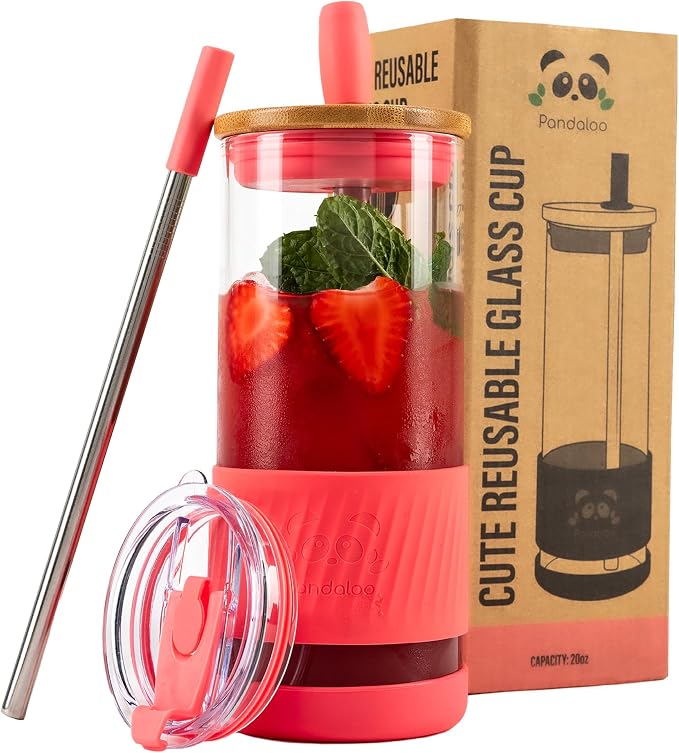 Pandaloo® Glass Cups With Lids and Straws -20 Fl Oz- Perfect Size Iced Coffee Cup - Smoothie Cup With Bamboo Lid and On the go Lid - Glass Tumbler With Straw (1 Count (Pack of 1), Coral) by Pandaloo
