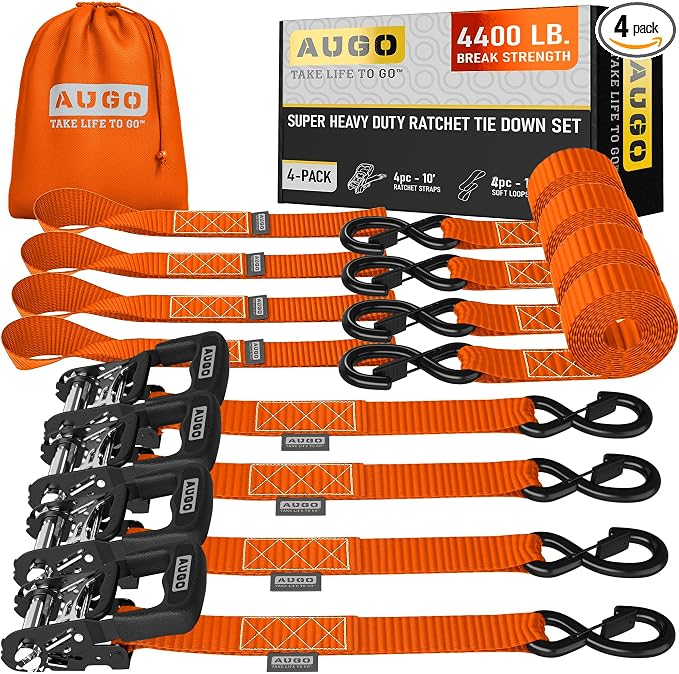 AUGO Heavy Duty Ratchet Straps & Soft Loops – Pack of 4 Extra Strong 1.5” by by AUGO
