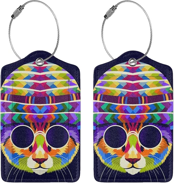Artistic Cat with Glasses Leather Luggage Tags, 2 Pack, 4.6 X 2.7 Inch - Image 3