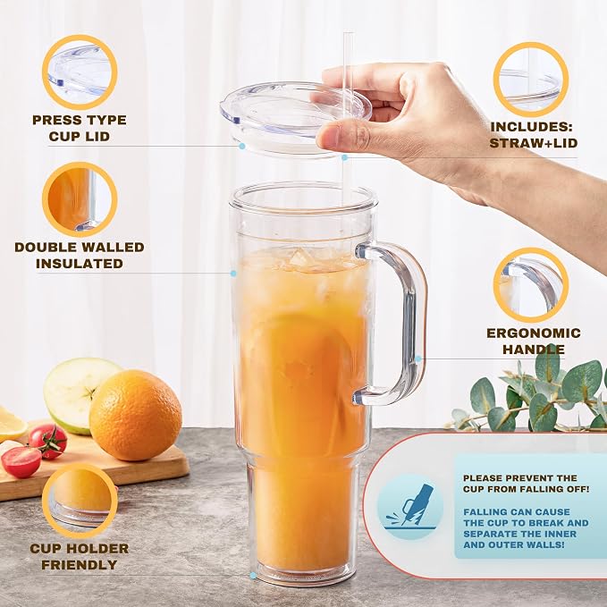 MEWAY 40 oz Acrylic Tumbler with Handle and Straw Lid，Double Wall Vacuum Reusable plastic Water Bottle Travel Mug Cup，Classic Tumblers Cupholder Friendly (2 Pack) - Image 2