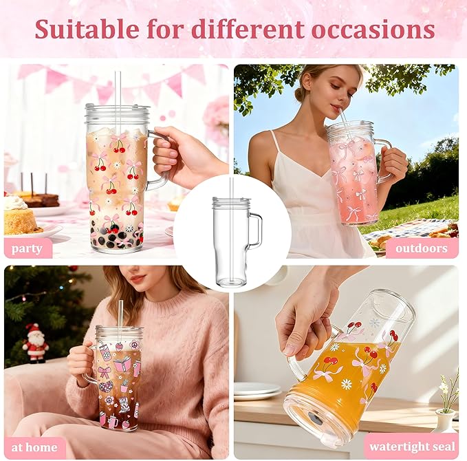 Birity 24oz Pink Bow Glass Cups with Lids and Straws,2 Set Glass Tumbler with Handle,Galss Cup with Stickers and Aesthetic Iced Coffee Cup for Smoothies,Tea,Juice,Boba,Christmas Gifts for Women - Image 5