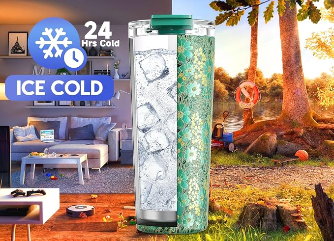 Meoky 24 oz Travel Coffee Mug with Leak-proof Lid, Stainless Steel Insulated Coffee Tumbler, Keeps Hot for 8 Hours or Cold for 24 Hours, Fits in Car Cup Holder (Emerald Bloom) - Image 4