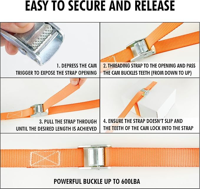 Cartman 1" x 12' Lashing Straps Cargo Tie-Down Strap Up to 600lbs, 2pk Orange - Image 4