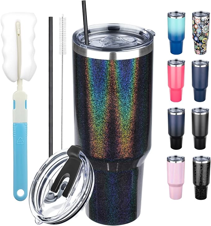40 oz Tumbler with Lids and Straws, Stainless Steel Insulated Coffee Tumbler, Double Wall Vacuum Insulated Travel Mug Cup, Leakproof Thermal Coffee Cup for Hot and Cold Drinks (Glitter Black) by GUDEMAO