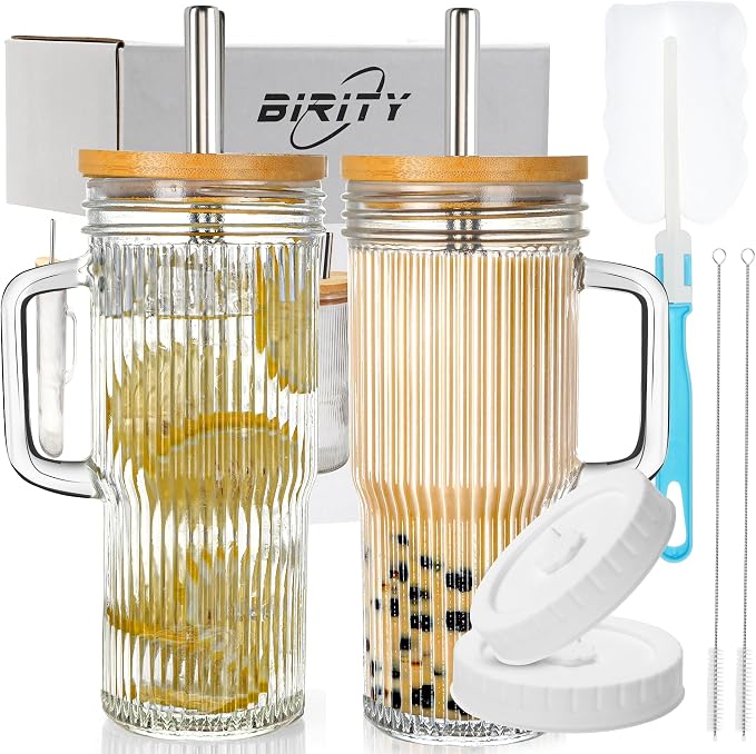 Birity 24oz Ribbed Glass Cup with Lids and Straws,2Pack Glass Tumbler with Handle,Reusable lced Coffee Cups with lids-Glass Cups with Lids,Mason Jar Cup for Smoothie,Coffee,Juice,Water,Tea,Travel Mug by 24ozRibbedGlassCup