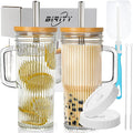 Birity 24oz Ribbed Glass Cup with Lids and Straws,2Pack Glass Tumbler with Handle,Reusable lced Coffee Cups with lids-Glass Cups with Lids,Mason Jar Cup for Smoothie,Coffee,Juice,Water,Tea,Travel Mug by 24ozRibbedGlassCup