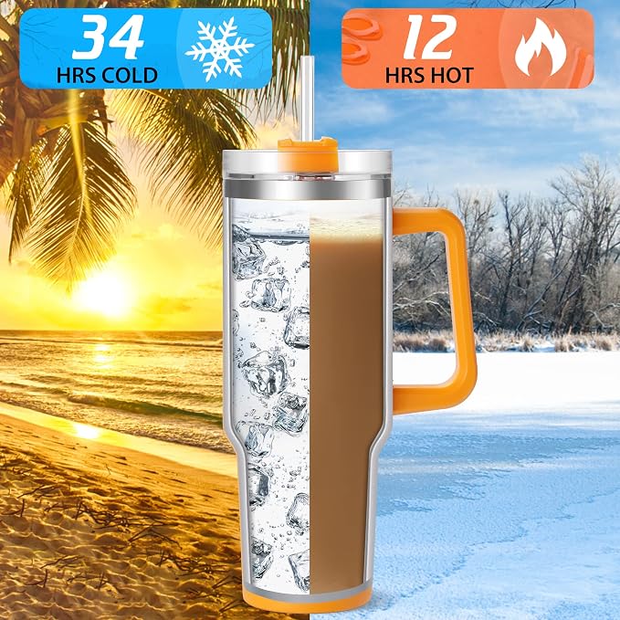 TaroKitc 40 oz Tumbler with Handle | Stainless Steel Insulated Travel Mug with Lids and Straw | Iced Coffee Cup | Keeps Drinks Cold for 34 Hours | Dishwasher Safe, BPA Free | Orange - Image 3