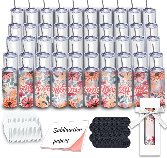 50 Pack Sublimation Tumblers 20 oz Skinny bulk,Stainless Steel Double Wall Insulated Straight Sublimation Tumbler Cups Blank White with Lid,Individually Box,Polymer Coating for Heat Transfer by ZONEGRACE