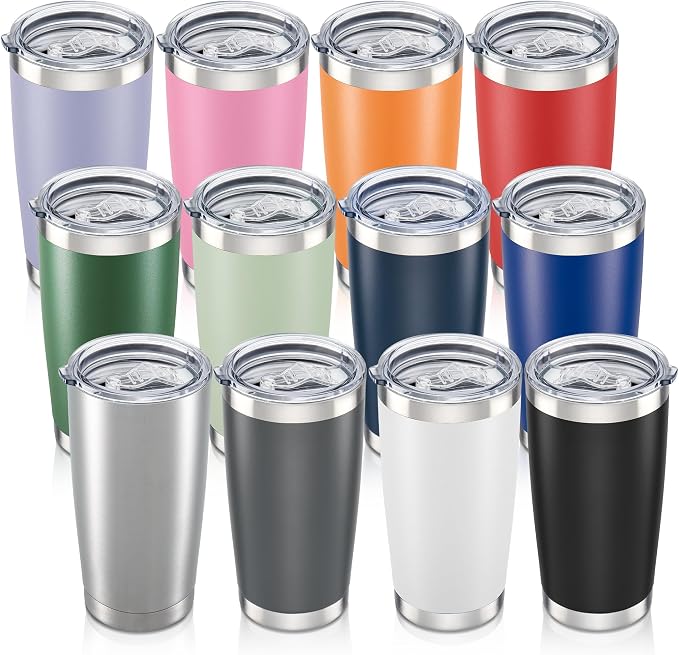 20 oz Tumbler with Lid Stainless Steel Insulated Tumblers Bulk Double Wall Vacuum Cups Powder Coated Travel Mug Keep Drinks Cold and Hot, Mix, 12 Pack by Orebigo