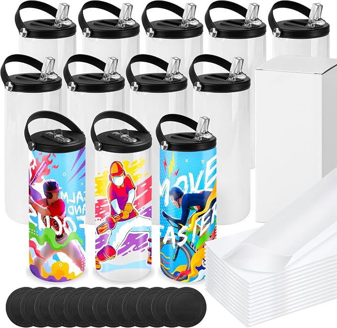 Joyclub 12 Pack Sublimation Water Bottle Blanks Bulk 20 oz Sublimation Tumblers with Handle Lids and Straws Skinny Straight Stainless Steel Cups DIY Gift by Joyclub