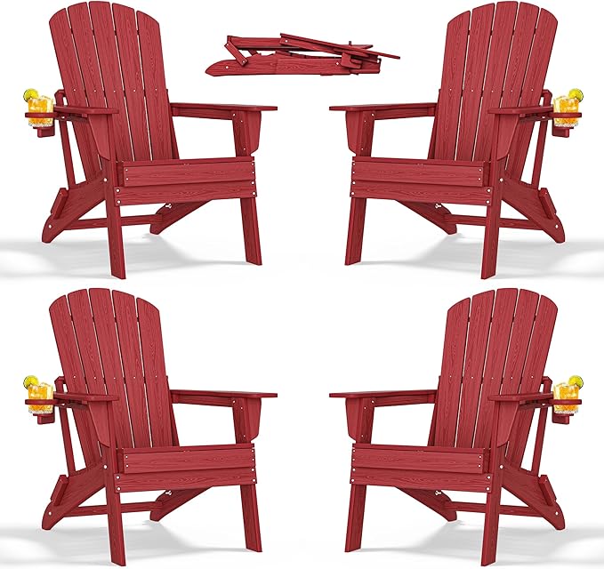 Folding Adirondack Chair with Cup Holder Set of 4, HDPE All-Weather Patio Chairs by nevilywood