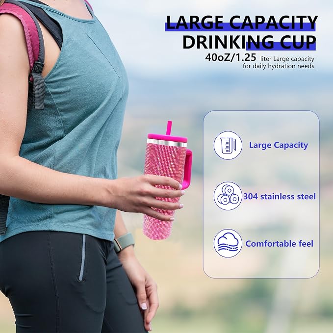 40-OZ Insulated Water Bottle,Insulated Stainless Steel Tumbler,Reusable Cold Drink Thermos,BPA-Free, Double-Wall Stainless Steel Water Bottle (Rose Red-Diamond, 40, Fluid Ounces) - Image 4