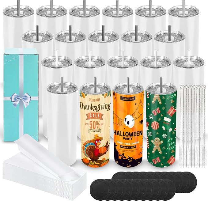 D·S 20 Pack Sublimation Tumblers 20 oz Bulk Skinny Straight Flat Bottom Blank Tumbler Cups with Individual Gift Boxed for Heat Transfer DIY Craft by D%C2%B7STUMBLER