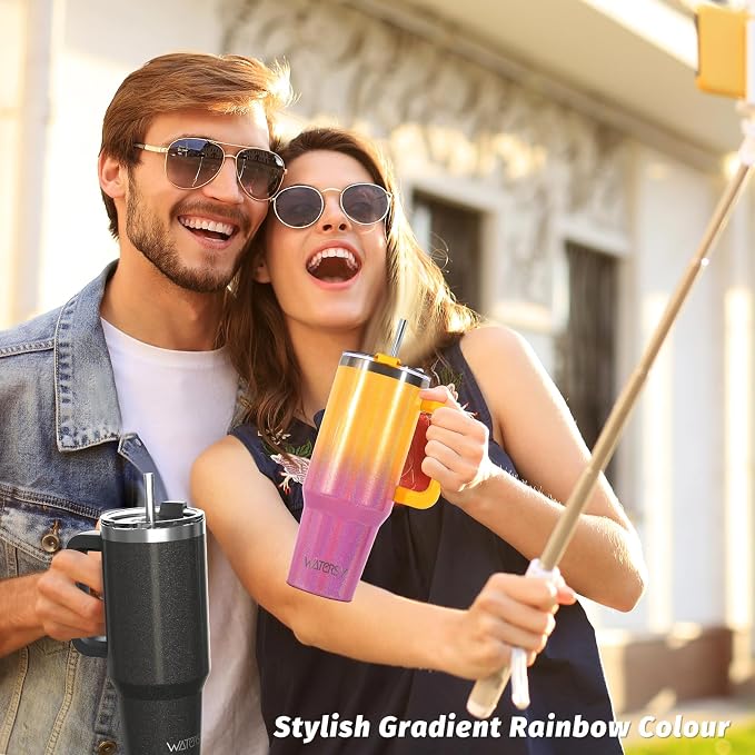 40 oz Shiny Tumbler with Handle and Straw,Stainless Steel Tumbler with Lid and Straw,Insulated Travel Mug(Cold for 34 Hours),Water Bottle for Iced Tea,Coffee (Yellow) - Image 7