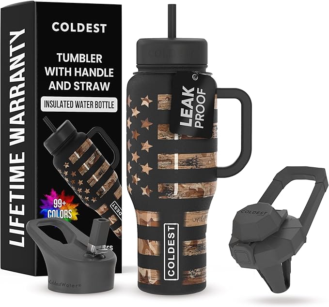 Coldest Tumbler with Handle and Straw, 100% Leak Proof Insulated Tumbler with Lid and Straw (3 Lids), Stainless Steel Tumblers for Women & Men, Cup Holder Friendly, 36 oz (Camouflage Flag) by Coldest