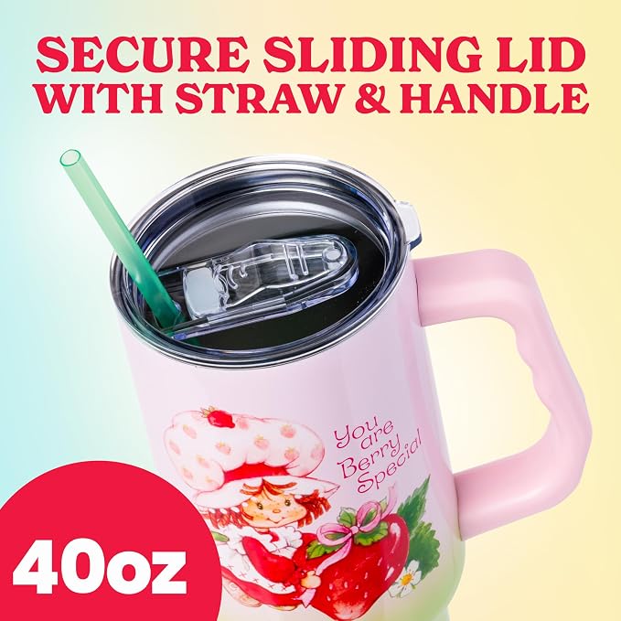 Silver Buffalo Strawberry Shortcake You Are Berry Special Vintage Pink and Green Ombre Double Walled Stainless Steel Tumbler with Handle and Straw, Fits in Standard Cup Holder, 40 Ounces - Image 3