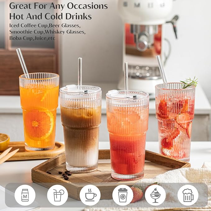 INSETLAN 8-Piece Glassware Set – 20 oz Ribbed Glass Tumblers with Lids and Glass Straws, Heavy-Duty Tumblers, Ideal for Iced Coffee, Smoothies, Cocktails, and Juices – Elegant and Durable Drinkware - Image 8