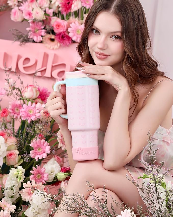 40 oz Insulated Tumbler with Handle and Push-Button Straw Lid, Stainless Steel Travel Cup for Gym Office, Leakproof, BPA-Free, Cup Holder Friendly, Bow Silicone Boot, Pink (Coquette Bloom) - Image 7