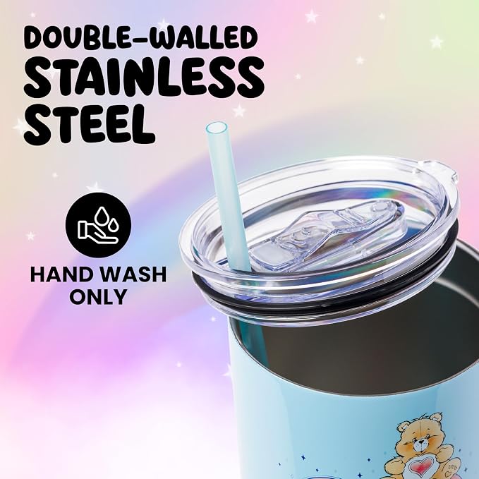 Silver Buffalo Care Bears Watercolor Featuring Tenderheart, Cheer, Grumpy, Funshine, Bedtime, Share Bear Double Walled Stainless Steel Tumbler w Handle & Straw, Fits in Standard Cup Holder, 40 Ounces - Image 4