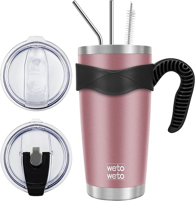WETOWETO 20oz Insulated Stainless Steel Tumbler with Handle, Coffee Mug with 2 lids and 2 straws, Double Wall Vacuum Travel Coffee Mug, Powder Coated Tumbler Cup (Rose Gold,1) by Wetoweto