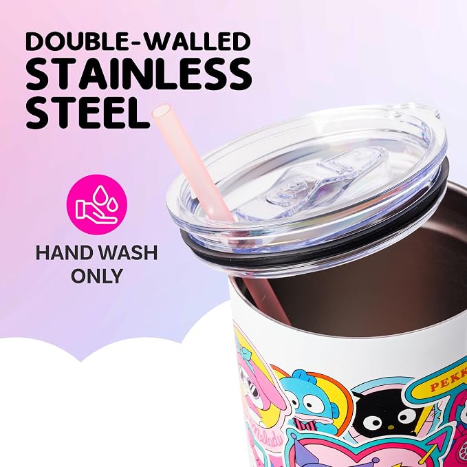 Silver Buffalo Sanrio Hello Kitty & Friends Cinnamoroll, Kuromi, Chococat, Badtz-Maru, Keroppi, Sticker Double Walled Stainless Steel Tumbler w Handle and Straw, Fits in Standard Cup Holder, 40 Ounces - Image 3