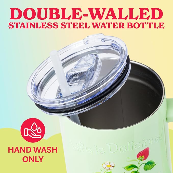 Silver Buffalo Strawberry Shortcake and Custard “Life is Delicious!” Double Walled Stainless Steel Tumbler with Handle, Fits in Standard Cup Holder, 40 Ounces - Image 4