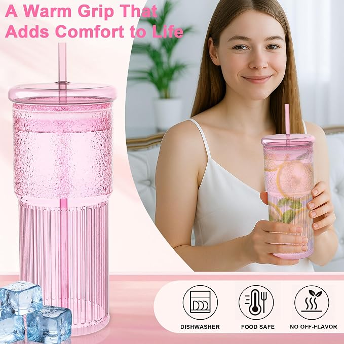 Luiaiog 20oz Glass Cups with Lids and Straws - Set of 4 Reusable Tumblers, Thickened Shatter-Resistant Glass, Ideal for Iced Coffee, Smoothies, Cocktails, Juices - Elegant & Durable Drinkware (Pink) - Image 2