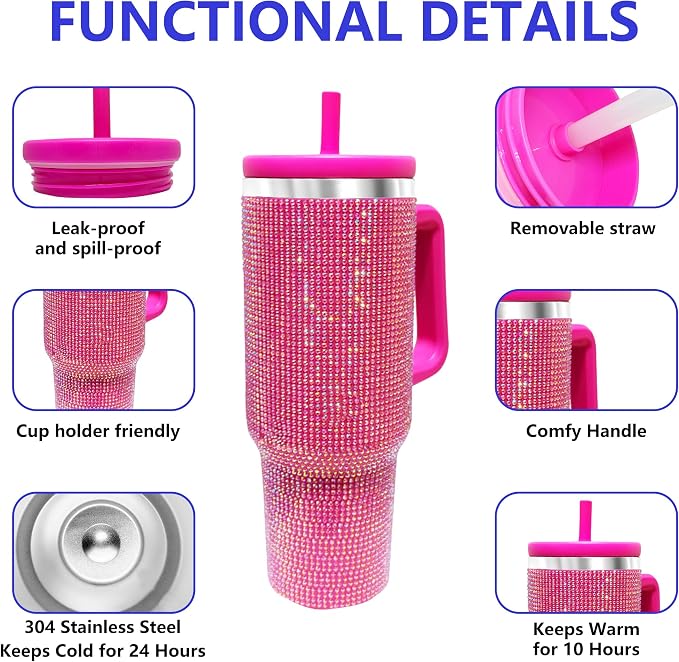40-OZ Insulated Water Bottle,Insulated Stainless Steel Tumbler,Reusable Cold Drink Thermos,BPA-Free, Double-Wall Stainless Steel Water Bottle (Rose Red-Diamond, 40, Fluid Ounces) - Image 3