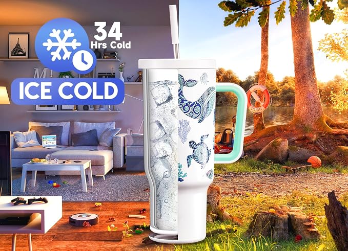 Meoky 40 oz Glow in the Dark Tumbler with Handle and Straw, Tumbler with Lid and Straw, Insulated Stainless Steel Travel Mug, 100% Leak-proof, Keeps Cold for 34 Hours (Sea Life) - Image 2