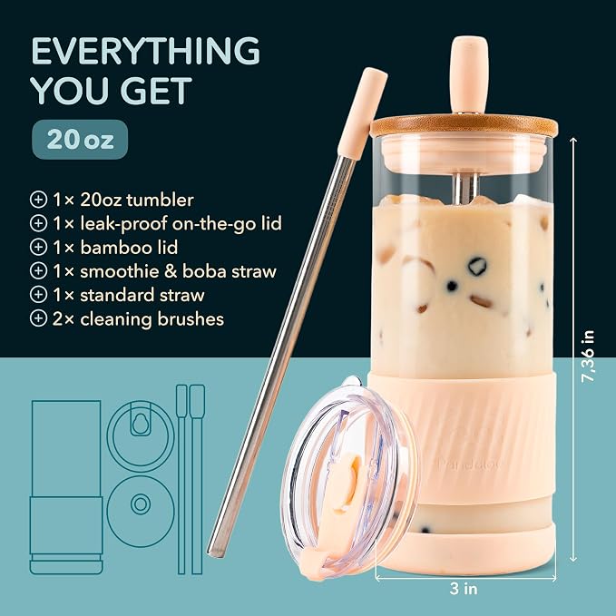 Pandaloo® Glass Cups With Lids and Straws -20 Fl Oz- Perfect Size Iced Coffee Cup - Smoothie Cup With Bamboo Lid and On the go Lid - Glass Tumbler With Straw (1 Count (Pack of 1), Vanilla Cream) - Image 2