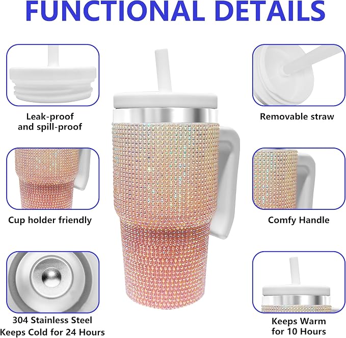2PCS 20-OZ Insulated Water Bottle,Insulated Stainless Steel Tumbler,Reusable Cold Drink Thermos,BPA-Free, Double-Wall Stainless Steel Water Bottle (Pink White Gradient-Diamonds, 20, Fluid Ounces) - Image 3