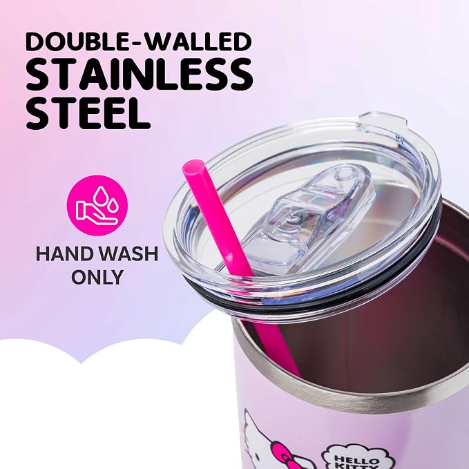 Silver Buffalo Sanrio Hello Kitty Spring and Summer Flowers Rainbow Stripes Double Walled Stainless Steel Tumbler with Handle and Straw, Fits in Standard Cup Holder, 40 Ounces - Image 3