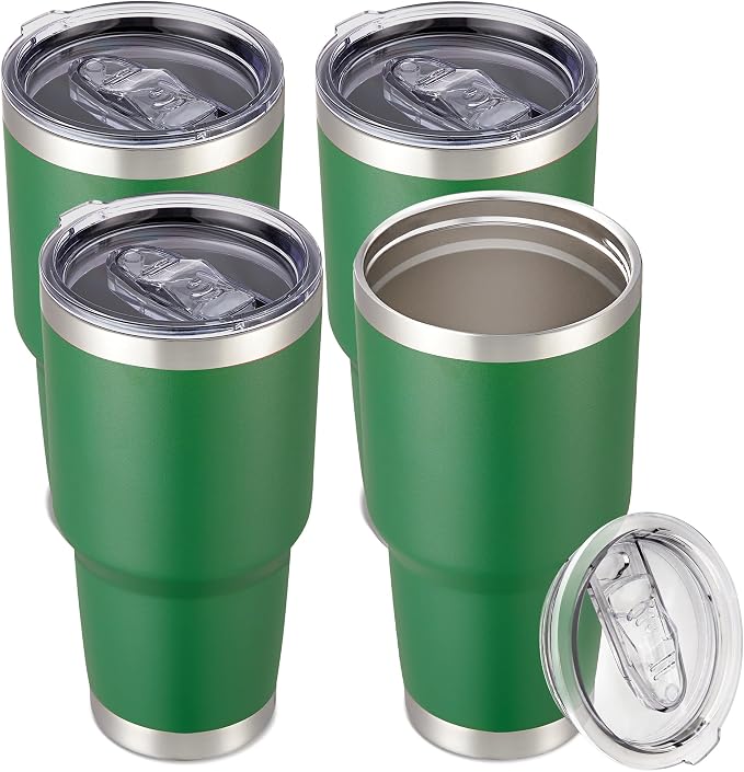 30 oz Tumbler with Lid Stainless Steel Tumblers Bulk Vacuum Insulated Cup Reusable Powder Coated Travel Mug Double Wall Leak Proof Cups Keep Cold Drinks for 12 Hours Dark Green, Set of 4 by CoolYoleb