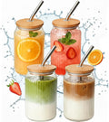 4 Packs Ribbed Glass Tumbler with Lid and Straw 16 oz Cute Ice Coffee Cup Set for Smoothie Juice Matcha Tea Latte Cappuccino Espresso Hot Coffe Water Reusable Clear Travel Boba Aesthetic Drinking Mug by Unknown