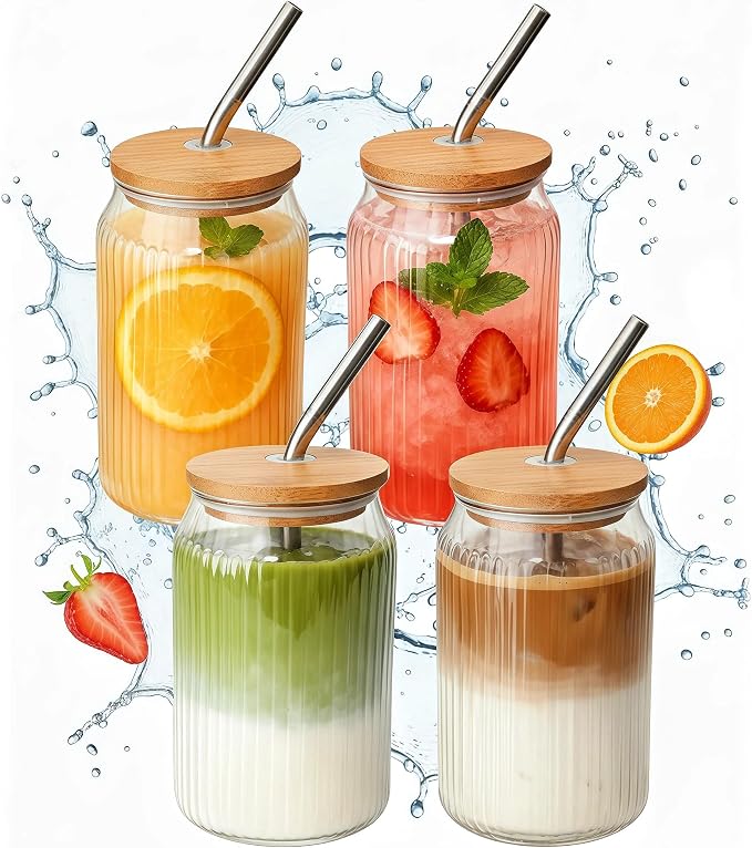 4 Packs Ribbed Glass Tumbler with Lid and Straw 16 oz Cute Ice Coffee Cup Set for Smoothie Juice Matcha Tea Latte Cappuccino Espresso Hot Coffe Water Reusable Clear Travel Boba Aesthetic Drinking Mug by Unknown