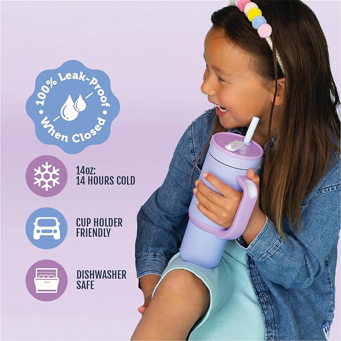 Ello Oasis 14oz Stainless Steel Toddler Tumbler with Handle & Retracting Straw, 100% Leakproof, Double-Wall Vacuum Insulated, Kids Water Bottle for School, BPA Free, Dishwasher Safe, Lavender Fields - Image 3