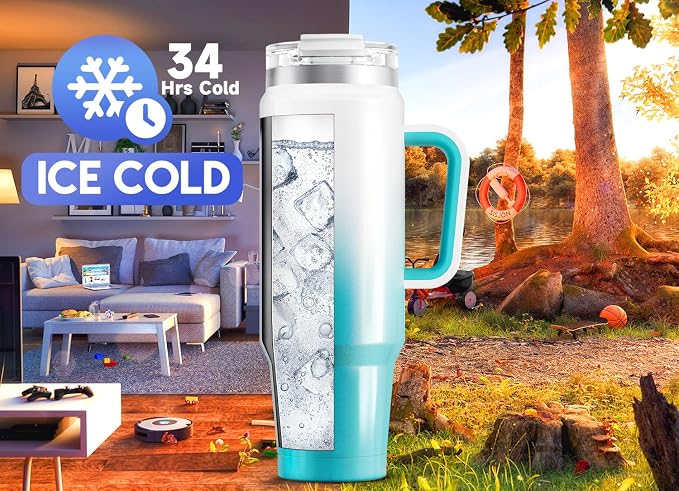 Meoky 40 oz Tumbler with Handle and Straw, Insulated Tumbler with Lid and Straw, Stainless Steel Travel Mug, Keeps Cold for 34 Hours, 100% Leak Proof, Fits in Car Cup Holder (Azure) - Image 2