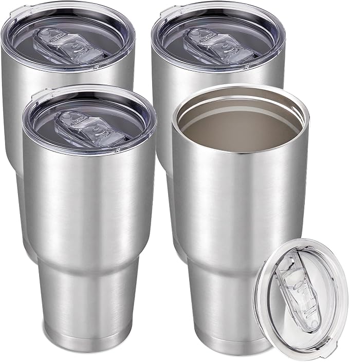 30 oz Tumbler with Lid Stainless Steel Tumblers Bulk Vacuum Insulated Cup Reusable Powder Coated Travel Mug Double Wall Leak Proof Cups Keep Cold Drinks for 12 Hours Stainless, Set of 4 by CoolYoleb