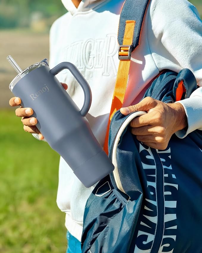 Renoj Insulated Mug 100% Leak Proof Insulated Water Bottle for Iced Coffee & Hot Drinks - Fits Car Cup Holder, Ideal Gift, 2 Straws & Silicone Boot - SnapShift Navy Blue 32 oz - Image 3