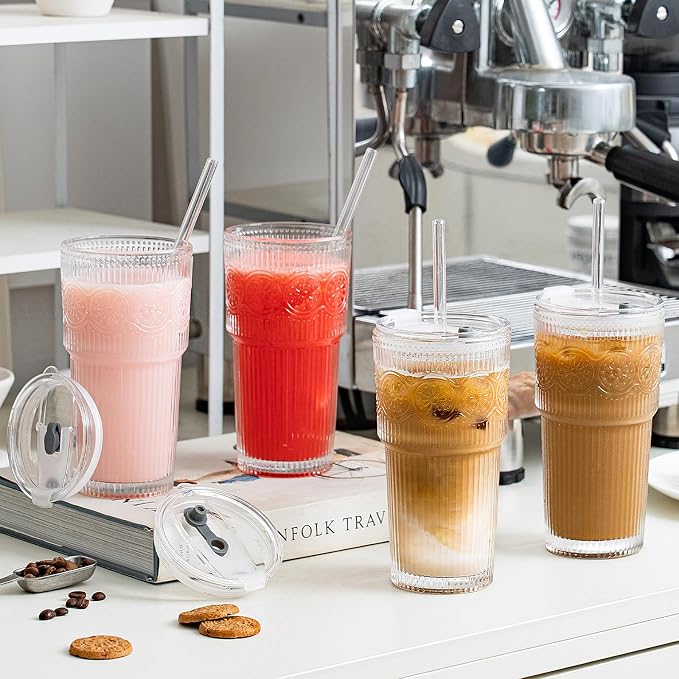 SoulTimes 20oz Ribbed & Floral Glass Tumbler Set of 2 – Reusable Glass Cups with Lid and Glass Straw, Iced Coffee Cups for Water, Smoothie, Milk, Cocktail & More – Perfect for Daily Use & Travel - Image 2