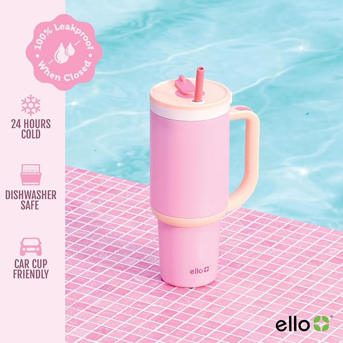 Ello Oasis 40 oz Tumbler with Handle & Retracting Straw | Reusable Insulated Stainless Steel Cup 100% Leakproof, Gifts for Teens Women Men | Keeps cold for 20 Hours, Cup Holder Friendly, Sunrise Glow - Image 5
