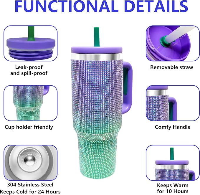 40-OZ Insulated Water Bottle,Insulated Stainless Steel Tumbler,Reusable Cold Drink Thermos,BPA-Free, Double-Wall Stainless Steel Water Bottle (Purple Green Gradient-Diamond, 40, Fluid Ounces) - Image 3