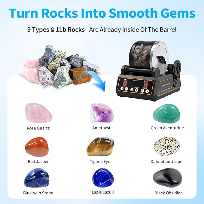 KomeStone Rock Tumbler Kit, K1 Professional Large 2.5LB Capacity Edition - Memory Function, Digital Timer & Variable Speeds: Includes All Accessories, Rock Polisher Gift for Adults & Kids - Image 2