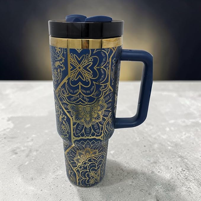 Hidden Cuss Word Tumbler 40oz Laser Engraved Funny Nurse Gift Swear Tumbler with Lid and Straw, Multicolor, Gag Gift Stainless Steel Travel Mug, Navy with Gold Underlay - Image 2