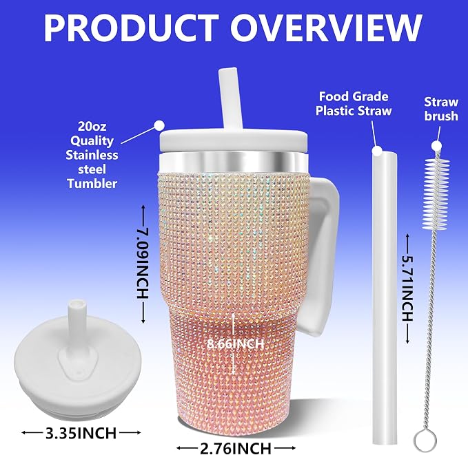 2PCS 20-OZ Insulated Water Bottle,Insulated Stainless Steel Tumbler,Reusable Cold Drink Thermos,BPA-Free, Double-Wall Stainless Steel Water Bottle (Pink White Gradient-Diamonds, 20, Fluid Ounces) - Image 2