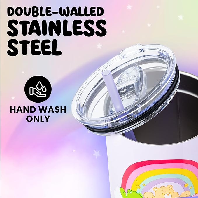 Silver Buffalo Care Bears Rainbow Featuring Funshine, Cheer, Grumpy, Friend, and Good Luck Bear Double Walled Stainless Steel Tumbler with Handle and Straw, Fits in Standard Cup Holder, 40 Ounces - Image 4