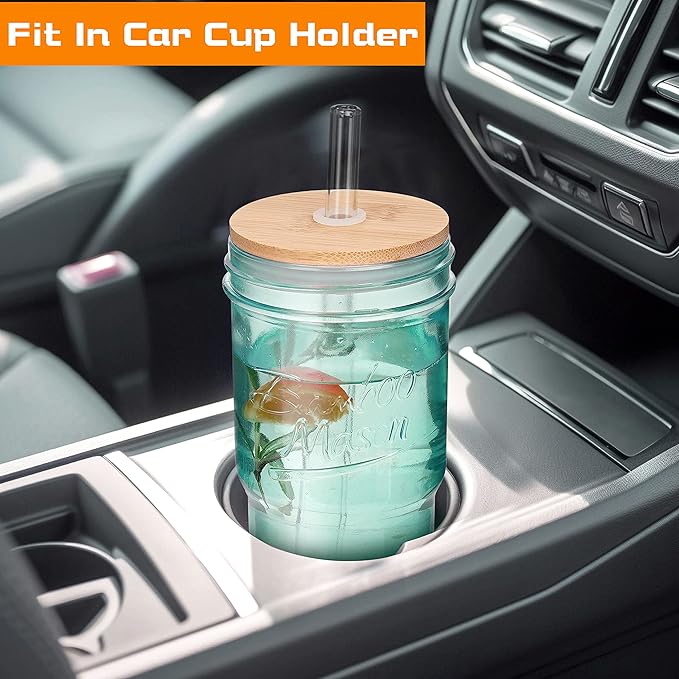 ANOTION Colored Glass Cups with Lids and Straws - 24oz Travel Coffee Mug Wide Mouth Mason Jar Iced Coffee Cup Smoothie Cup Glass Tumbler Tea Cup Clear Cute Water Cups Colorful Drinking Glasses - Image 3